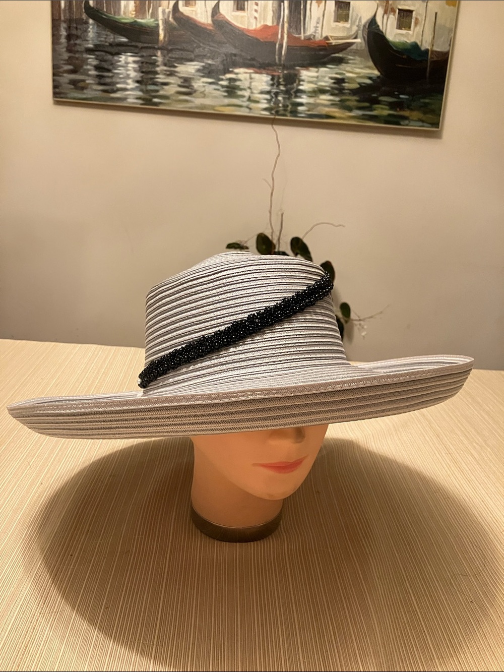 Chic Wide Brim Gray Stripped Hat with Black Beaded Band